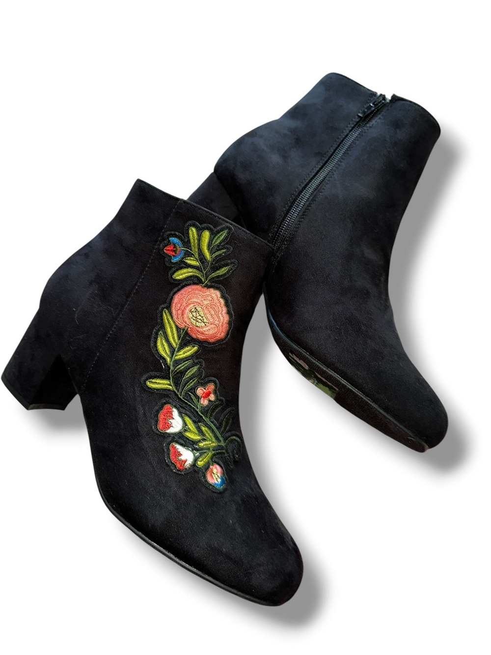 Bamboo SZ 11 "Autumn" Floral Embroidered Block Heel Ankle Booties VEGAN NEW